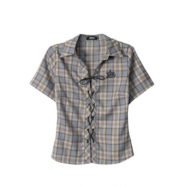 Short-Sleeved Collared Plaid Lace-Up Blouse