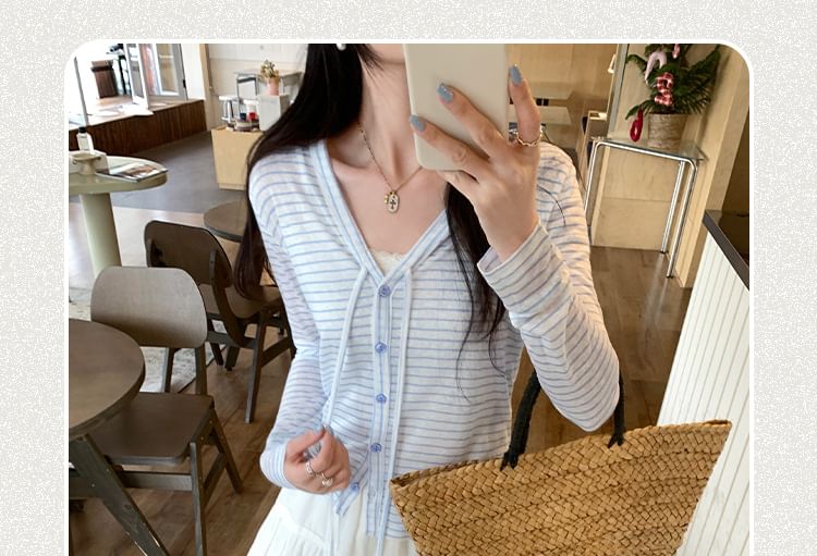 V-Neck Striped Tie Front Light Cardigan