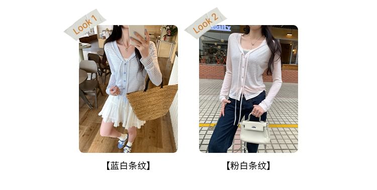 V-Neck Striped Tie Front Light Cardigan