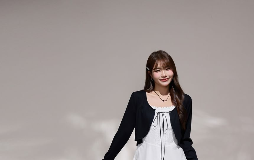 Open Front Plain Crop Cardigan / Sleeveless Maxi A-Line Dress