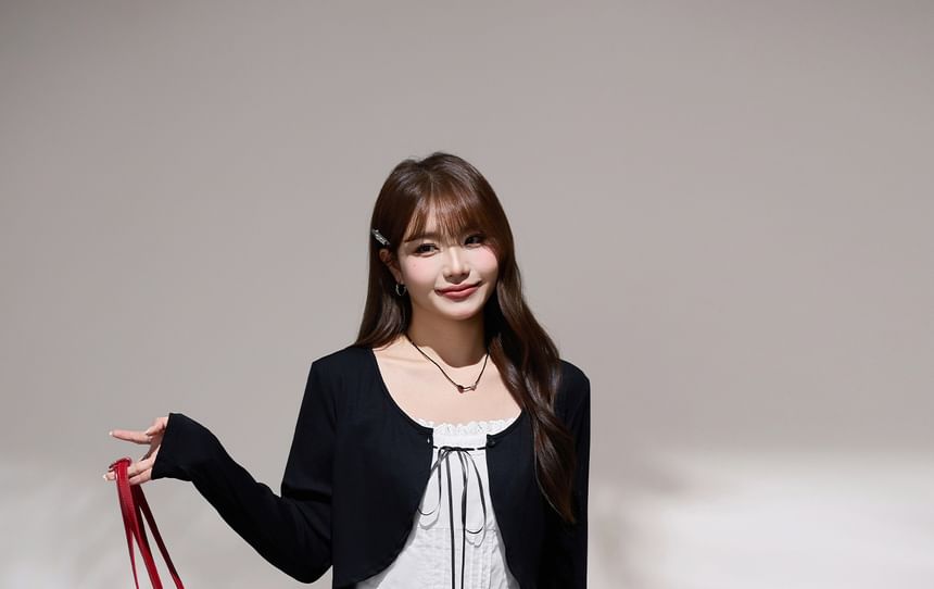 Open Front Plain Crop Cardigan / Sleeveless Maxi A-Line Dress