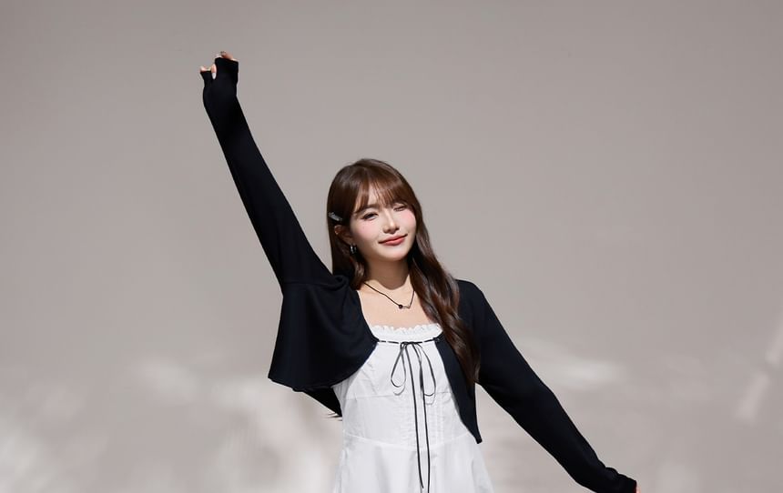 Open Front Plain Crop Cardigan / Sleeveless Maxi A-Line Dress
