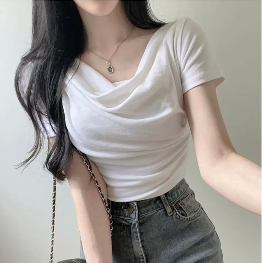 Cowl Neck Crop Short Sleeve Solid Tee