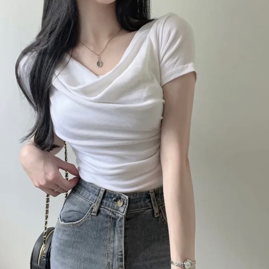 Cowl Neck Crop Short Sleeve Solid Tee