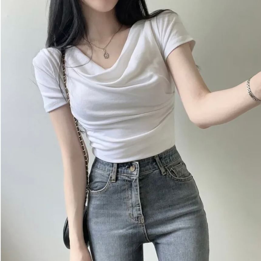 Cowl Neck Crop Short Sleeve Solid Tee