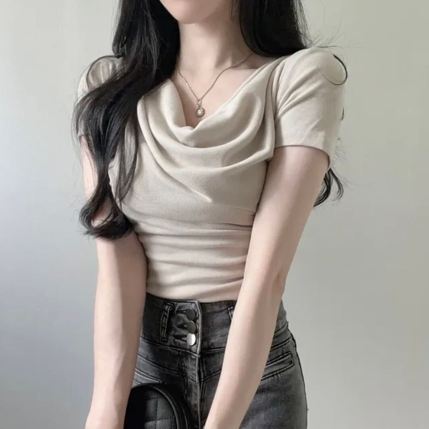 Cowl Neck Crop Short Sleeve Solid Tee