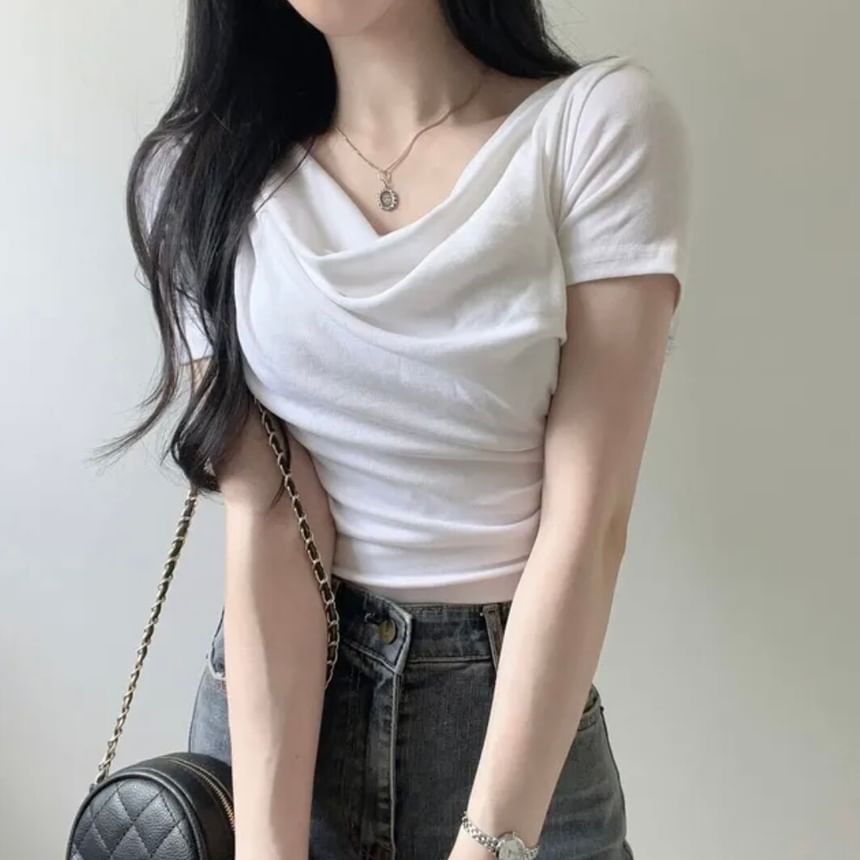 Cowl Neck Crop Short Sleeve Solid Tee