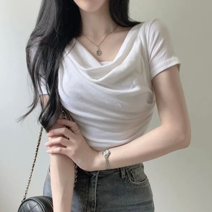 Cowl Neck Crop Short Sleeve Solid Tee