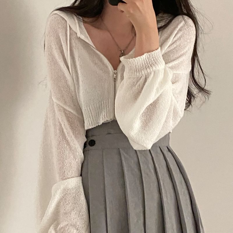 Sheer Knit Cropped Zip-Up with Minimalist Design