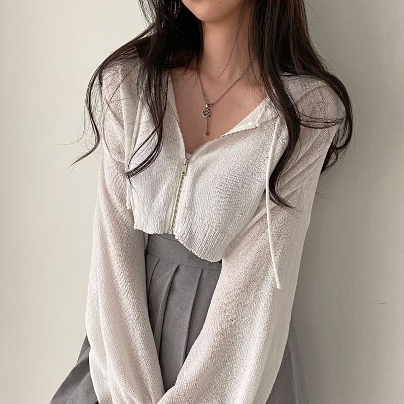 Sheer Knit Cropped Zip-Up with Minimalist Design