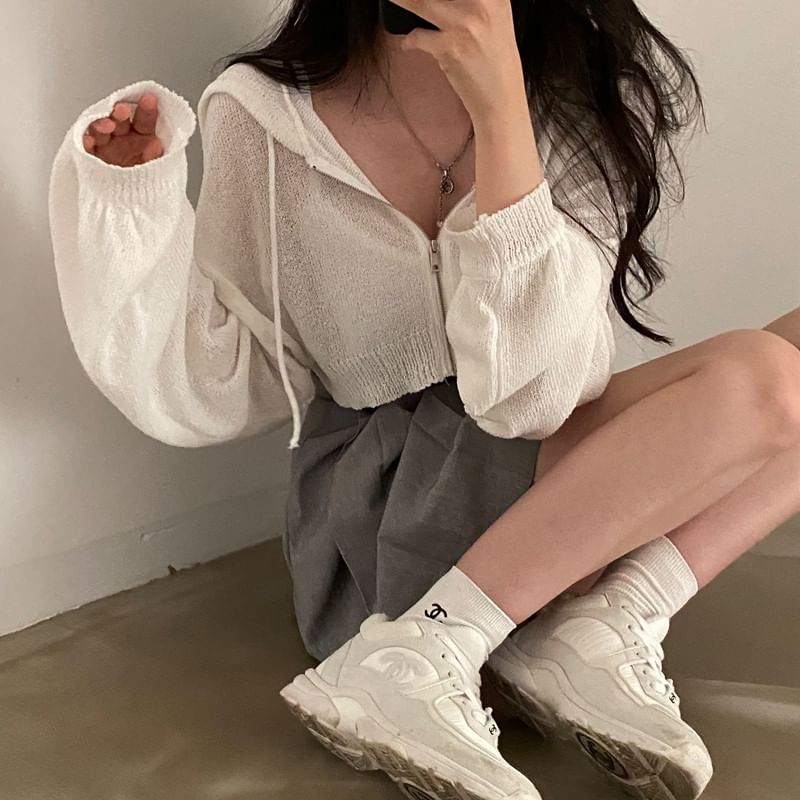Sheer Knit Cropped Zip-Up with Minimalist Design