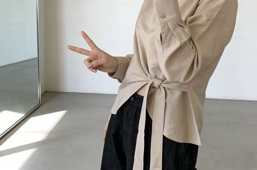 Asymmetrical Tie-Waist Blouse with Mock Neck and Long Sleeves