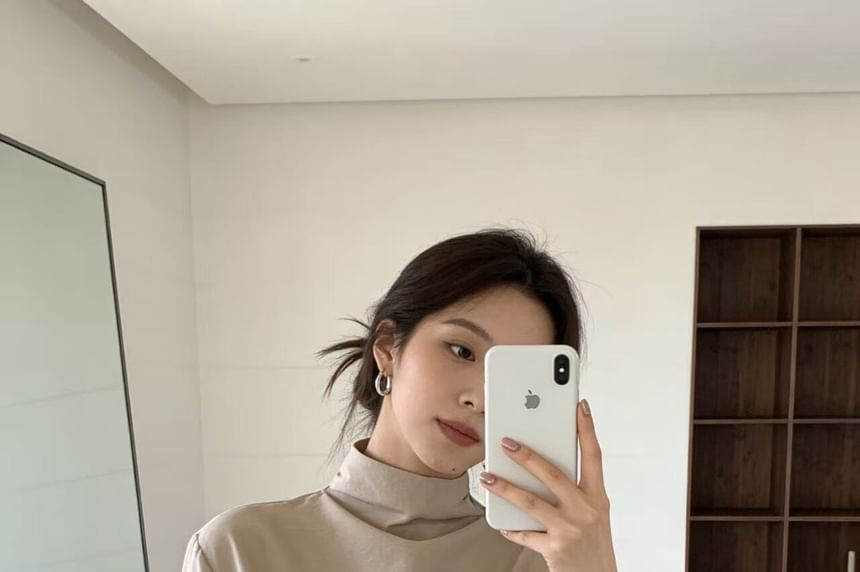 Asymmetrical Tie-Waist Blouse with Mock Neck and Long Sleeves