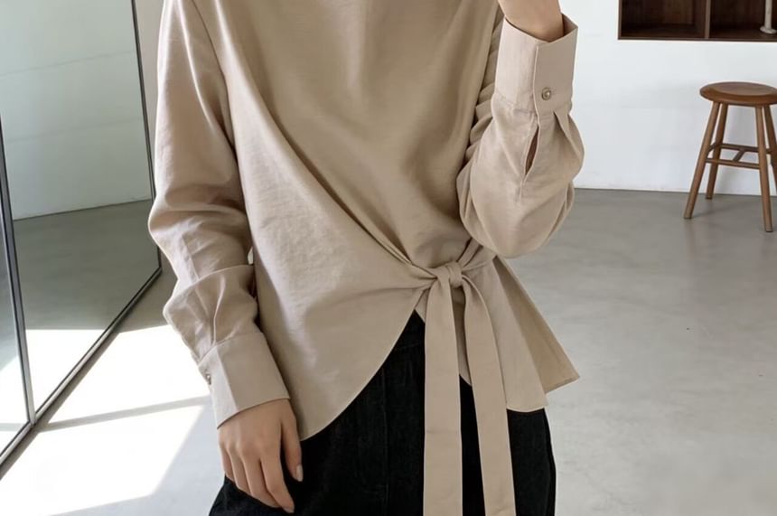 Asymmetrical Tie-Waist Blouse with Mock Neck and Long Sleeves