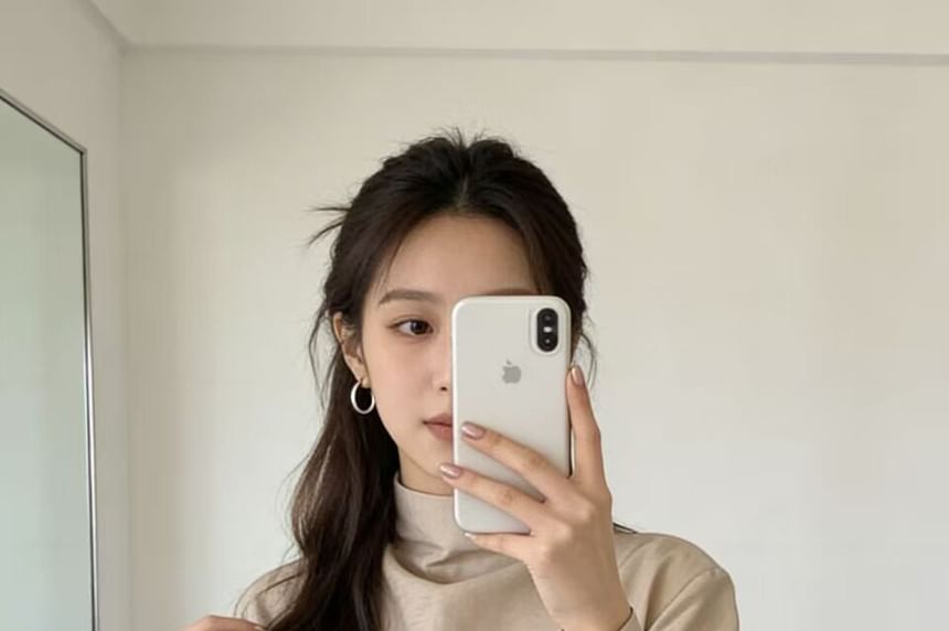 Asymmetrical Tie-Waist Blouse with Mock Neck and Long Sleeves