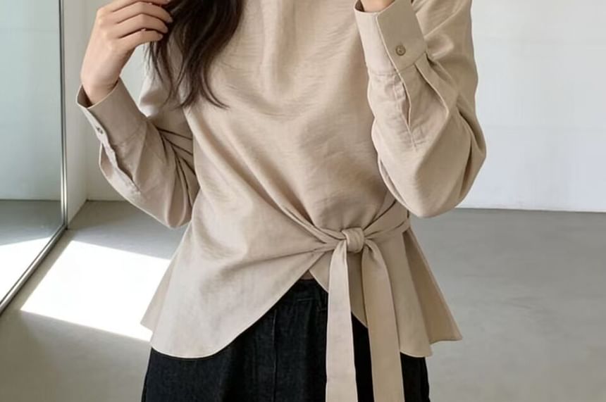 Asymmetrical Tie-Waist Blouse with Mock Neck and Long Sleeves
