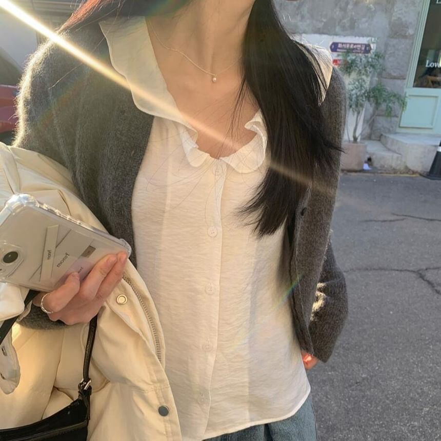 Ruffle Collar Button-Up Long Sleeve Blouse