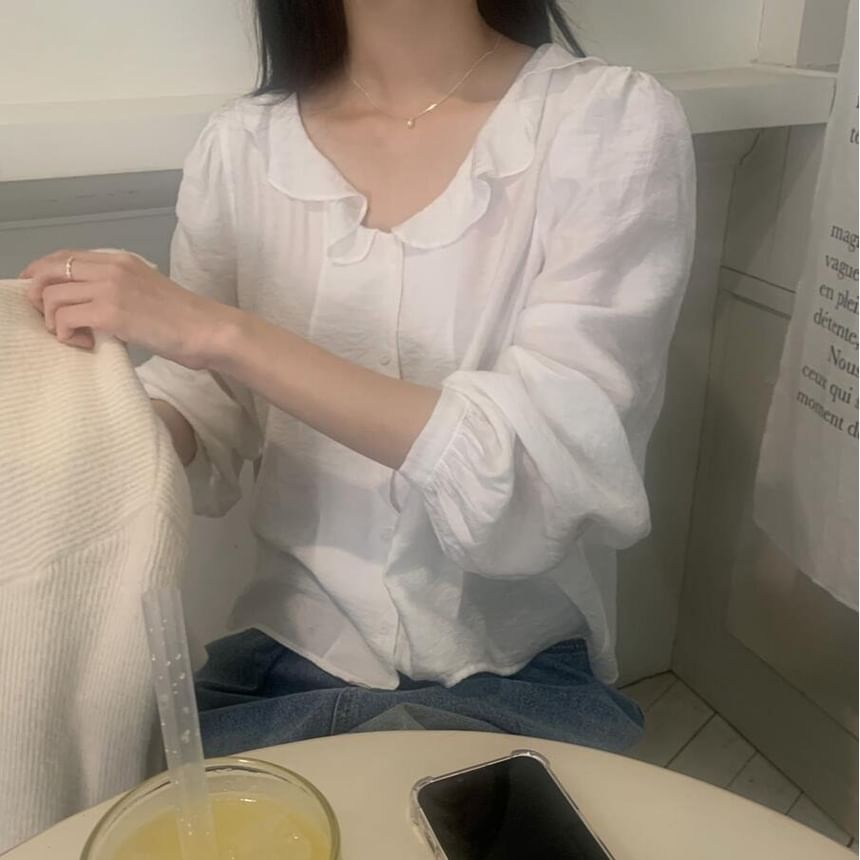 Ruffle Collar Button-Up Long Sleeve Blouse