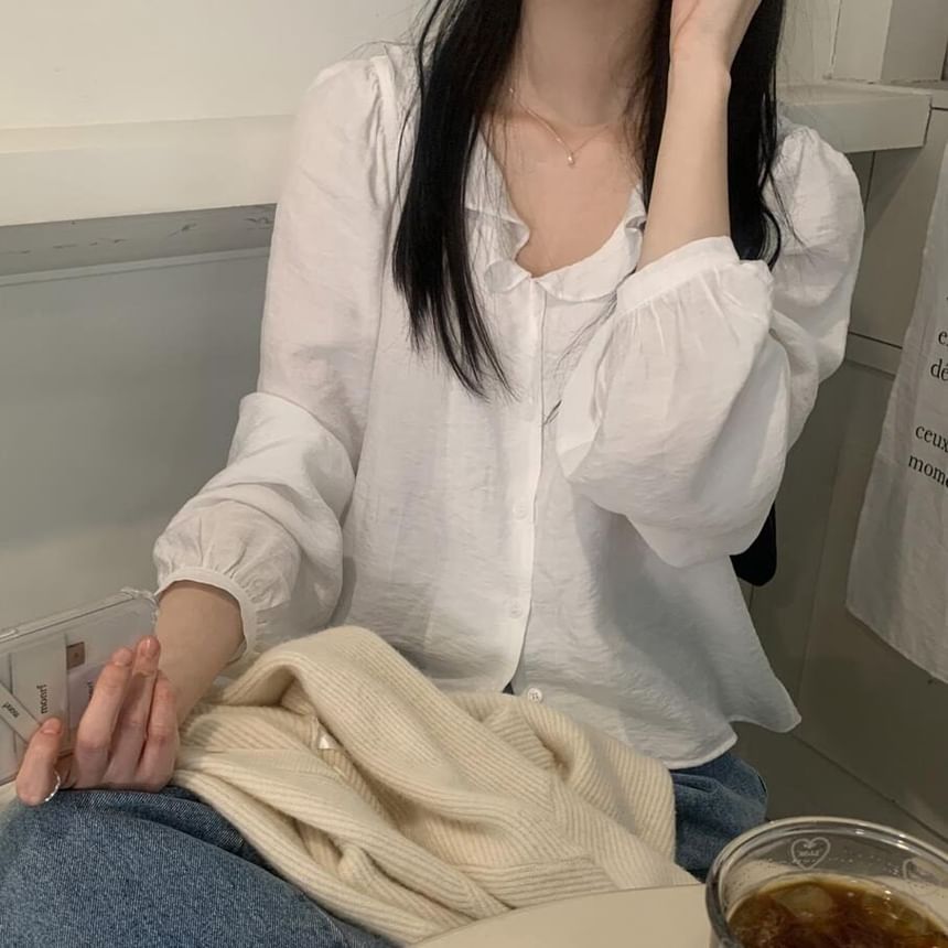 Ruffle Collar Button-Up Long Sleeve Blouse