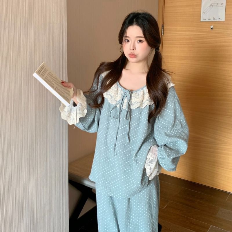 Polka Dot Lace Panel Midi Pajama Dress Set