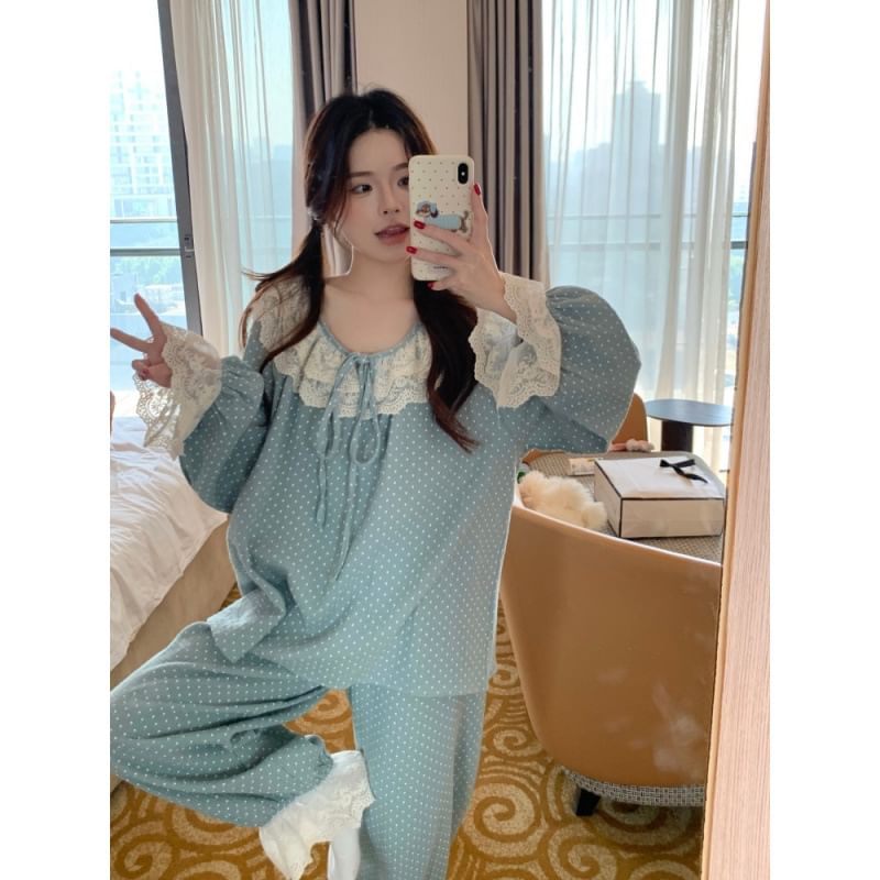 Polka Dot Lace Panel Midi Pajama Dress Set