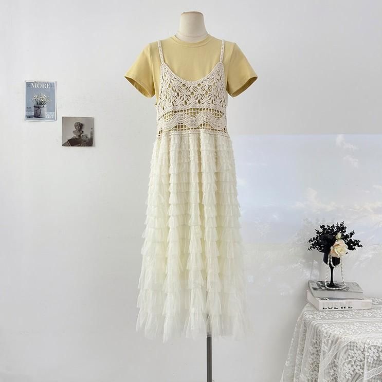 Spaghetti Strap Tiered Crochet Panel Mesh Maxi A-Line Overall Dress