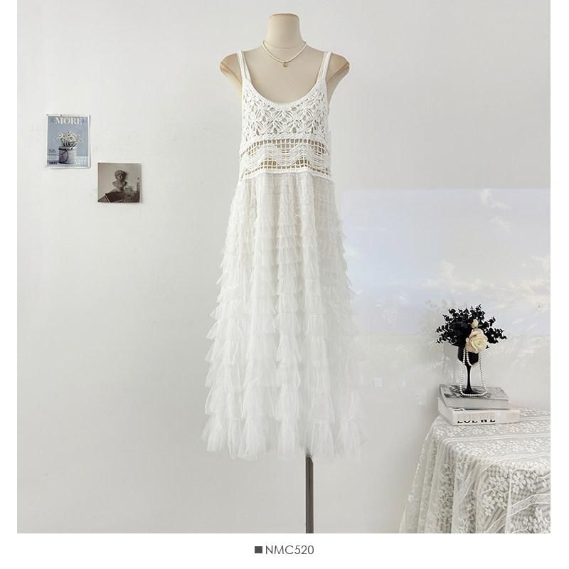 Spaghetti Strap Tiered Crochet Panel Mesh Maxi A-Line Overall Dress