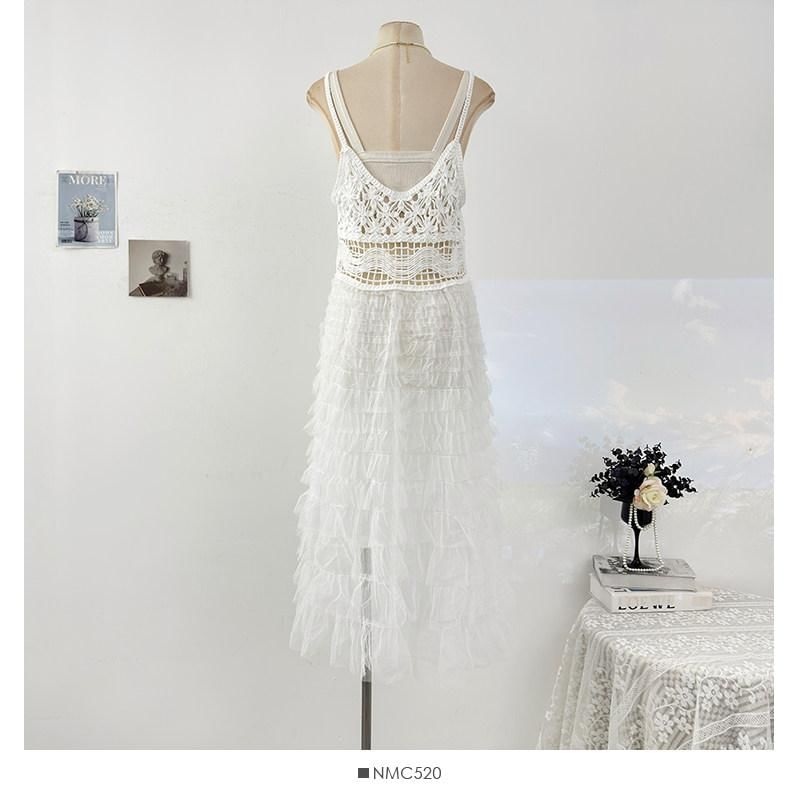 Spaghetti Strap Tiered Crochet Panel Mesh Maxi A-Line Overall Dress