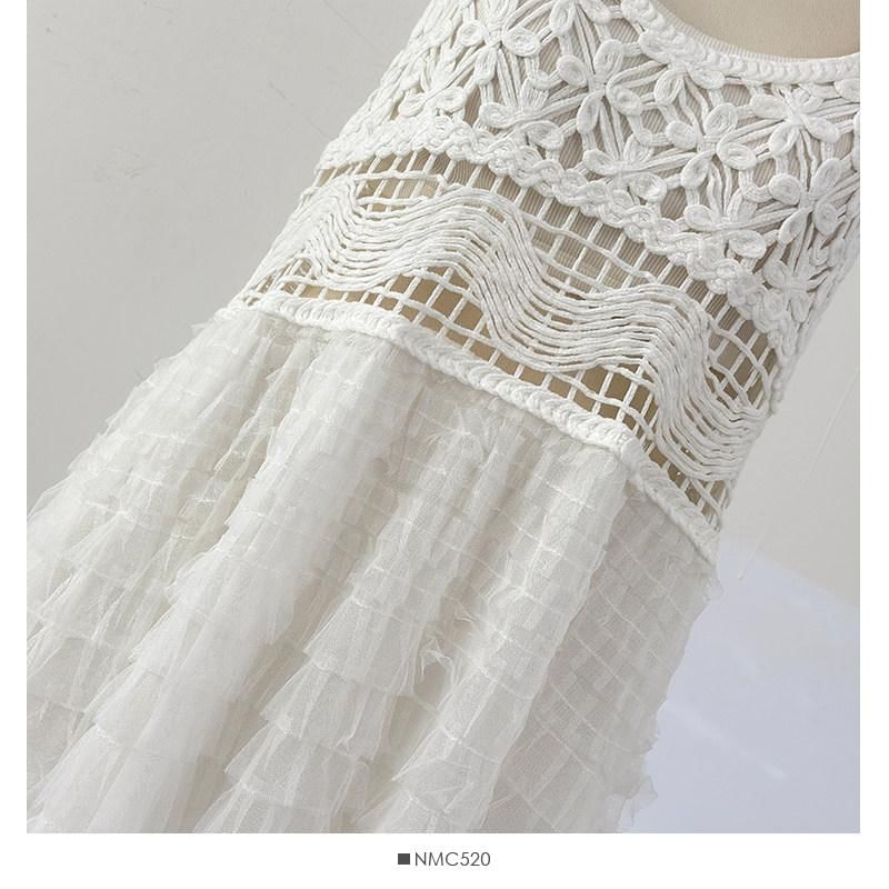 Spaghetti Strap Tiered Crochet Panel Mesh Maxi A-Line Overall Dress