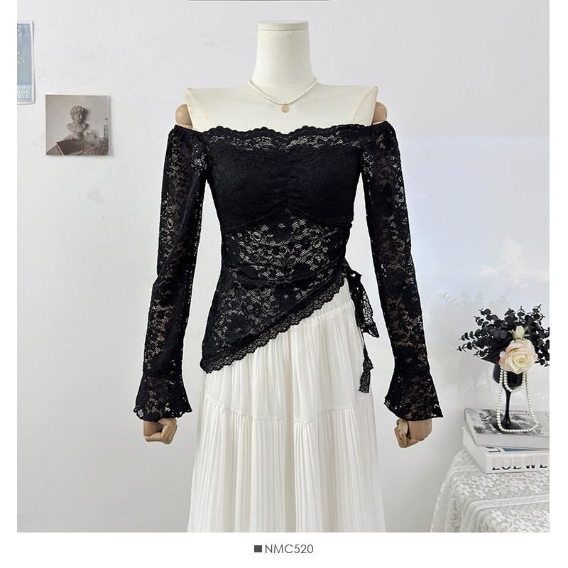 Asymmetrical Off-Shoulder Lace Top with Long Sleeves