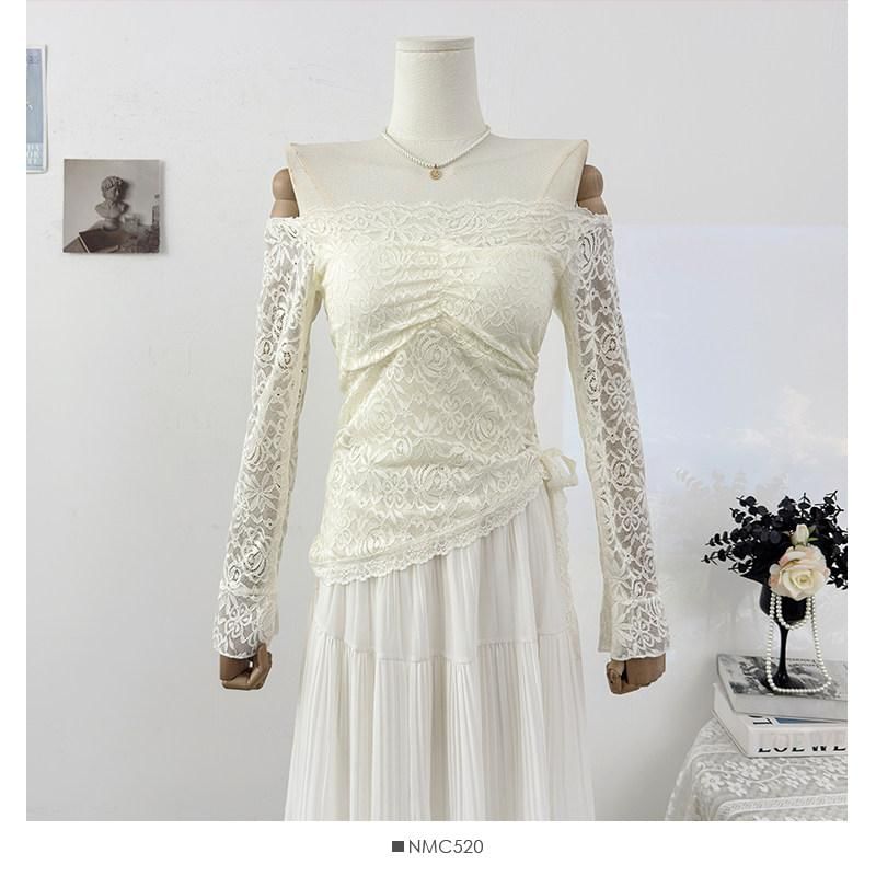 Asymmetrical Off-Shoulder Lace Top with Long Sleeves