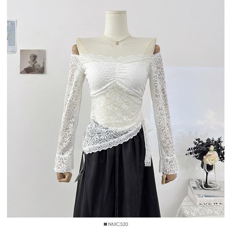 Asymmetrical Off-Shoulder Lace Top with Long Sleeves