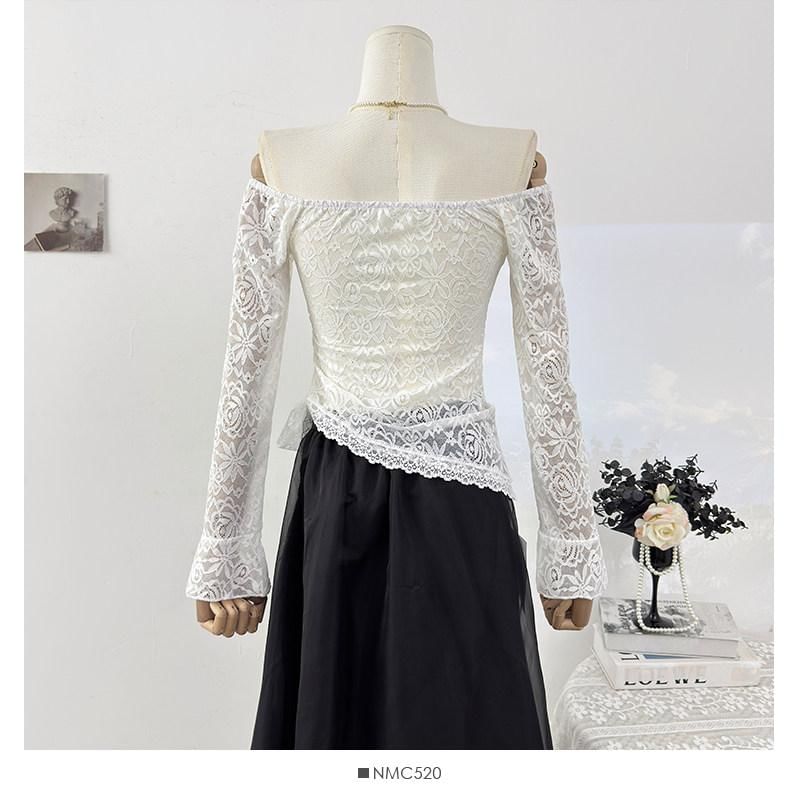 Asymmetrical Off-Shoulder Lace Top with Long Sleeves