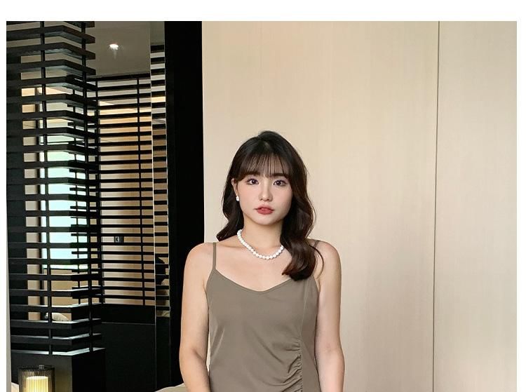 Spaghetti Strap V-Neck Plain Ruched Side-Slit Midi Sheath Dress
