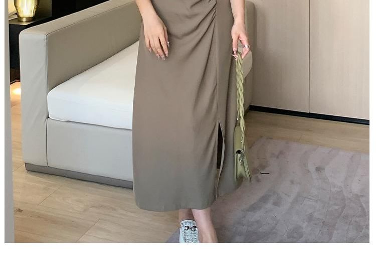 Spaghetti Strap V-Neck Plain Ruched Side-Slit Midi Sheath Dress