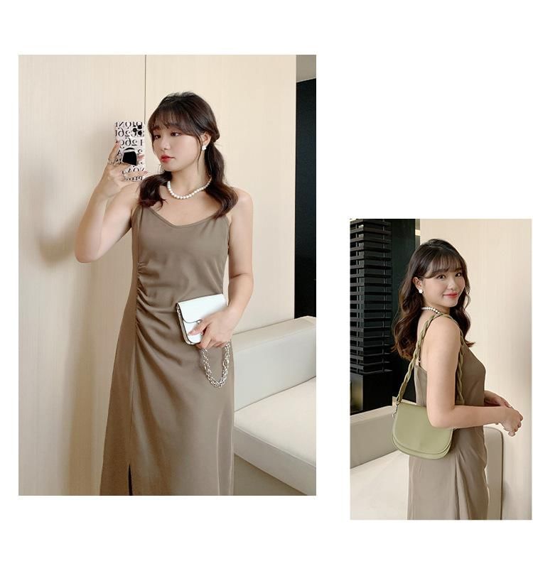 Spaghetti Strap V-Neck Plain Ruched Side-Slit Midi Sheath Dress