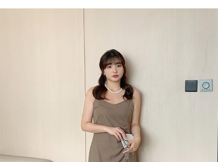 Spaghetti Strap V-Neck Plain Ruched Side-Slit Midi Sheath Dress