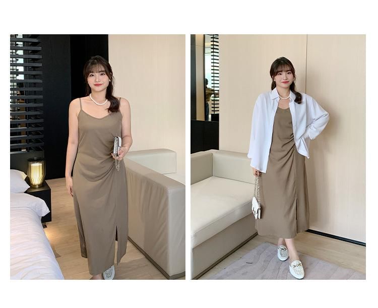 Spaghetti Strap V-Neck Plain Ruched Side-Slit Midi Sheath Dress