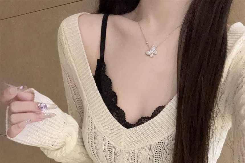 Cable Knit V-Neck Sweater with Lace Camisole