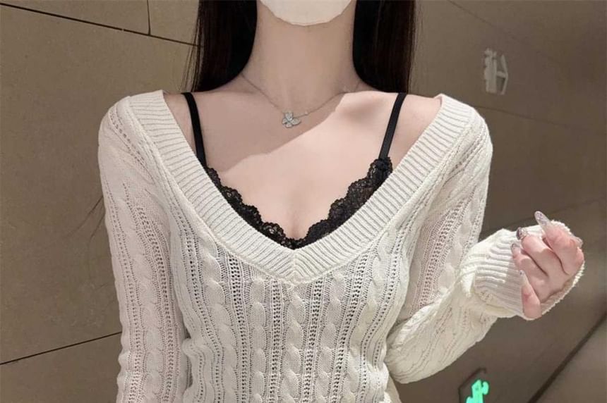 Cable Knit V-Neck Sweater with Lace Camisole