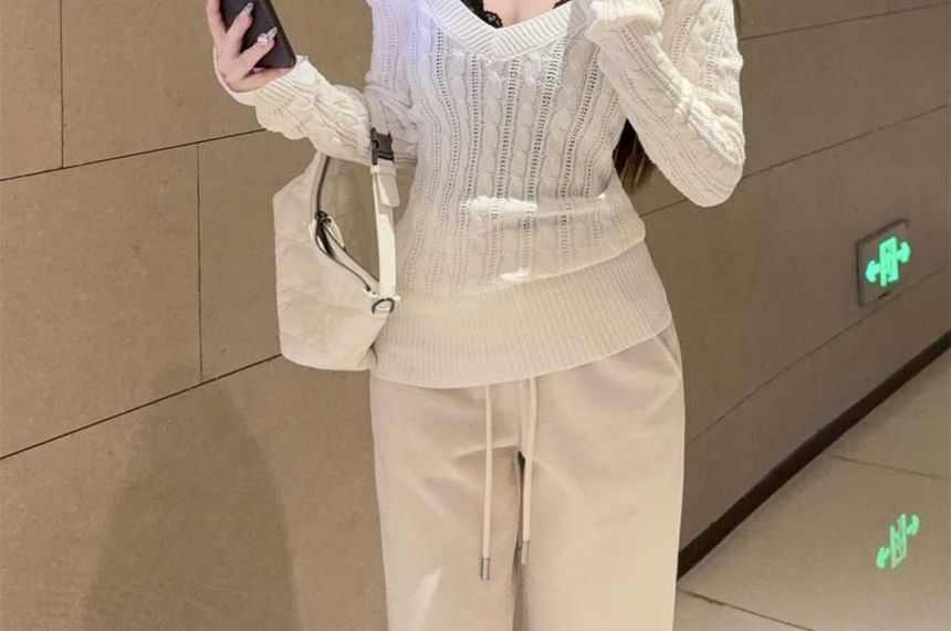 Cable Knit V-Neck Sweater with Lace Camisole