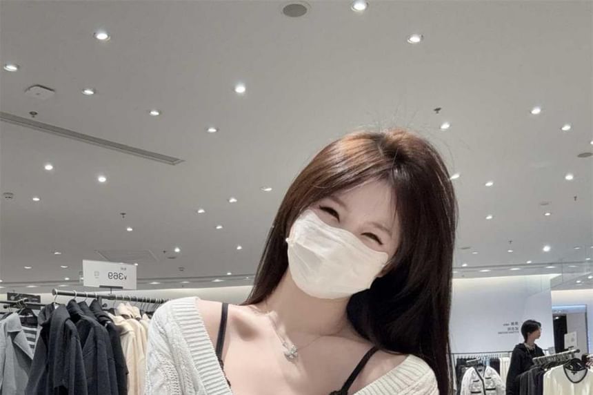 Cable Knit V-Neck Sweater with Lace Camisole