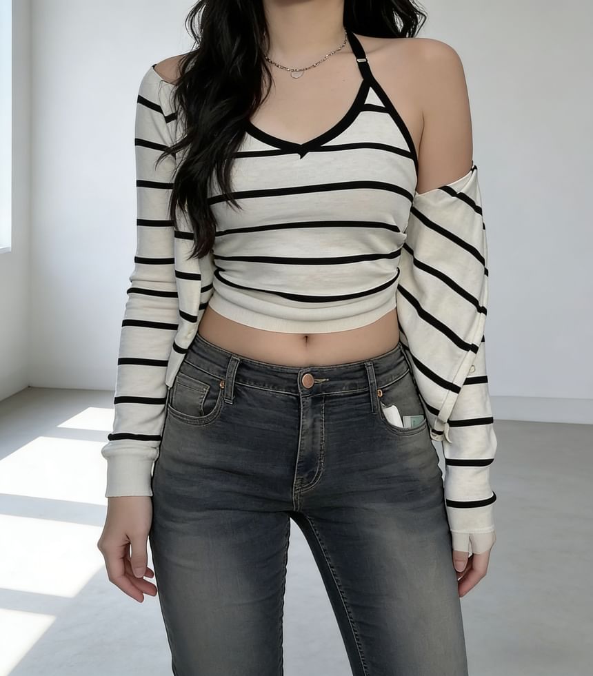 Set: Halter V-Neck Striped Knit Camisole Top + Button Up Cardigan