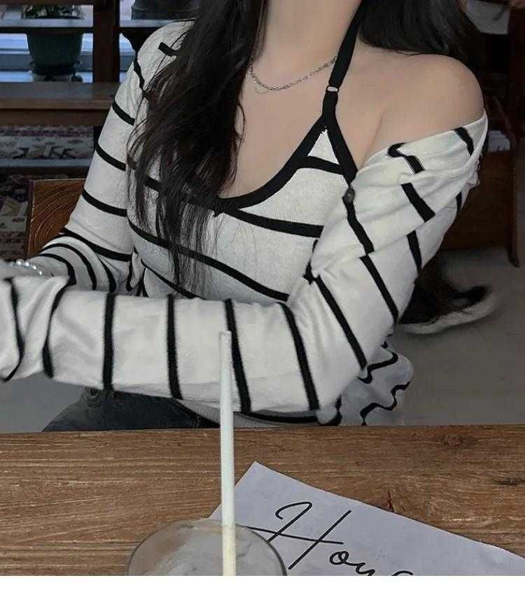 Set: Halter V-Neck Striped Knit Camisole Top + Button Up Cardigan