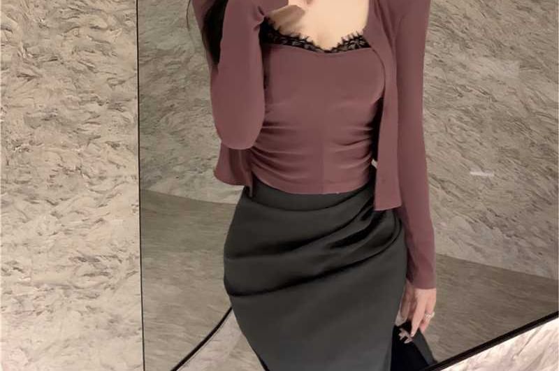 Round Neck Lace-Trim Camisole with Cardigan