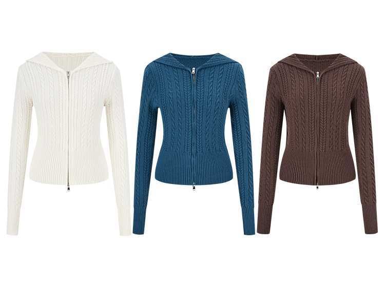 Hooded Plain Zip Cable Knit Cardigan