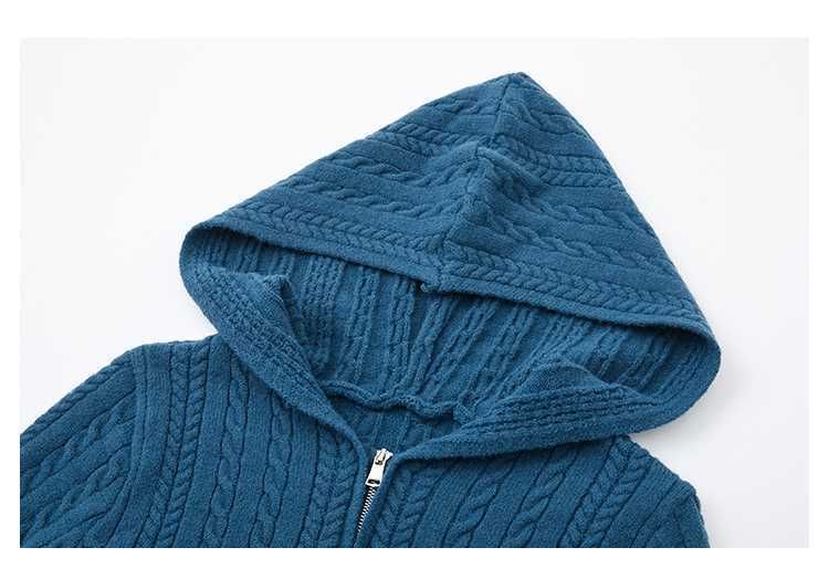 Hooded Plain Zip Cable Knit Cardigan