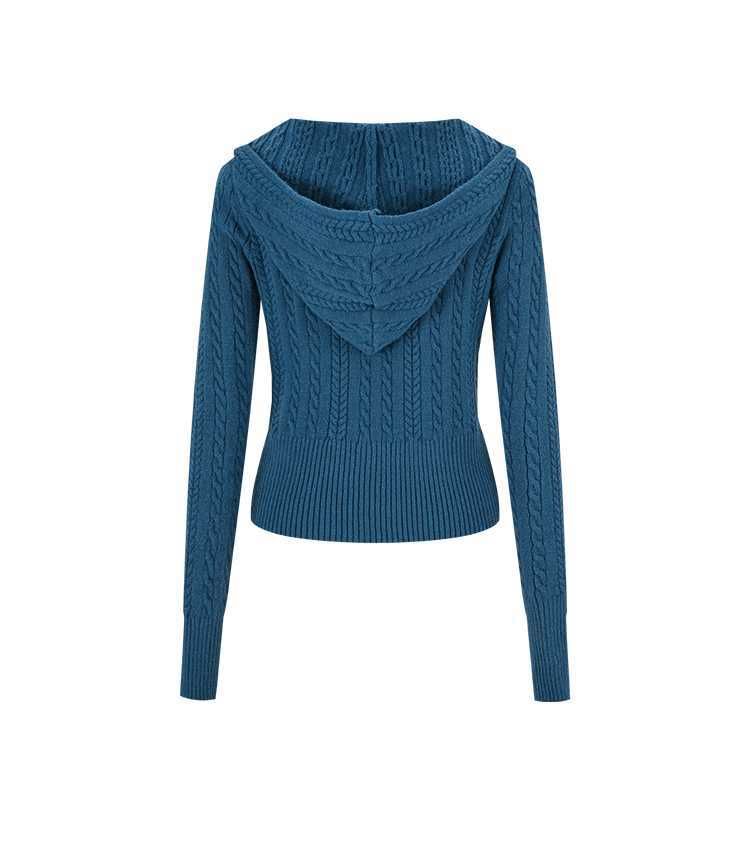Hooded Plain Zip Cable Knit Cardigan
