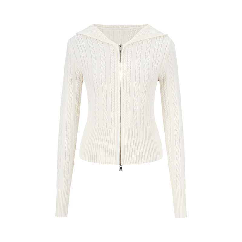 Hooded Plain Zip Cable Knit Cardigan