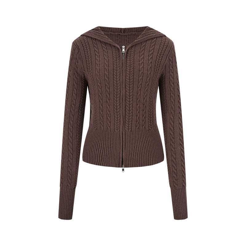 Hooded Plain Zip Cable Knit Cardigan